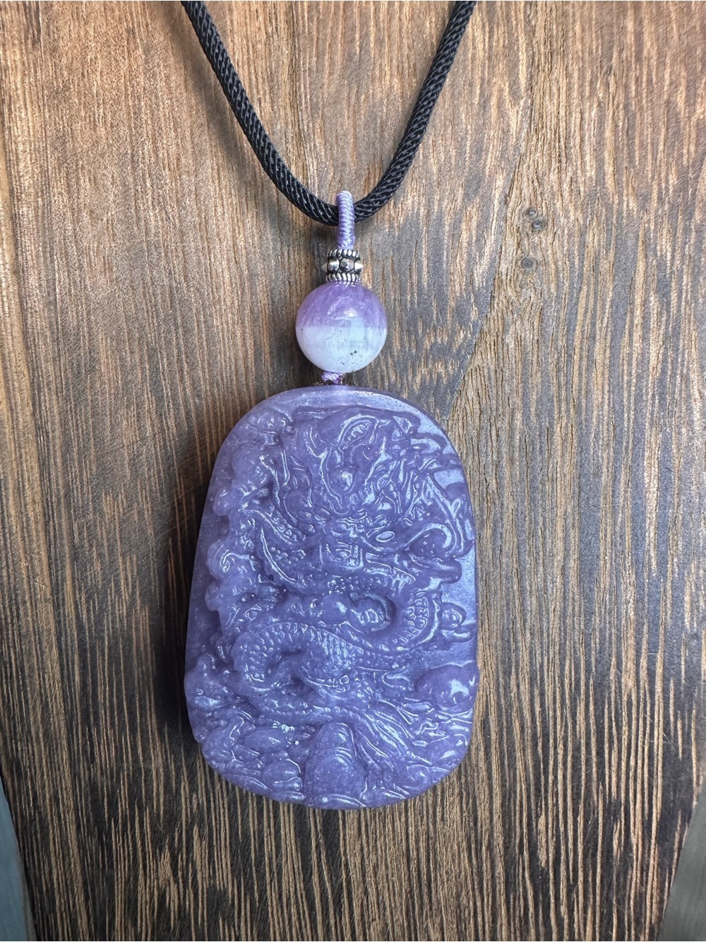 Lavender Carved Ocean Jasper Dragon Pendant Necklace with Half Bowl Amethyst - Picture 13 of 16